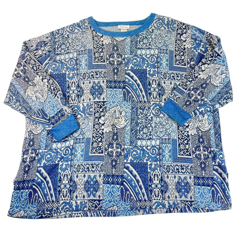 Vintage Womens 3X Plus Blue Patchwork Multi Print Long Sleeve Top Sweater